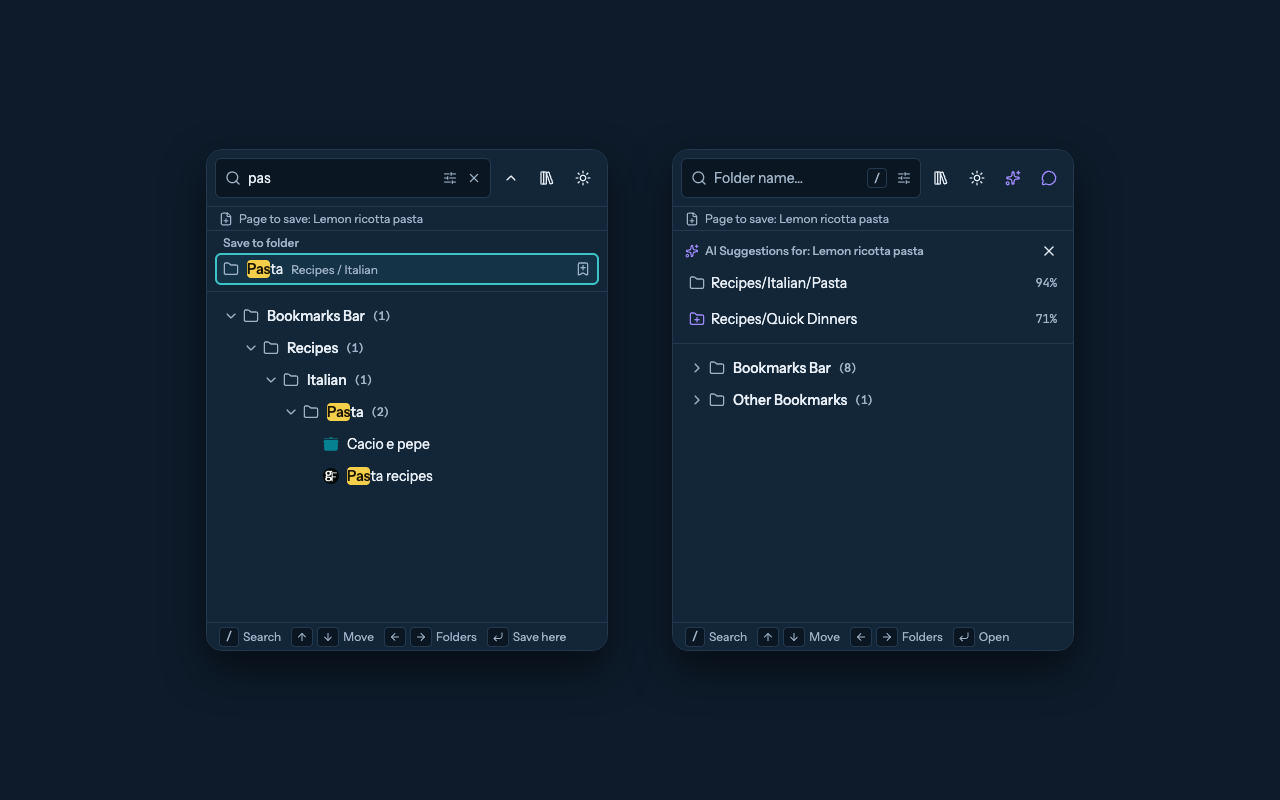 Two popups: "pas" typed in the search box with the Pasta folder (Recipes / Italian) selected under Save to folder, and AI suggestions for the current page: the existing Recipes/Italian/Pasta folder and a new Recipes/Quick Dinners folder