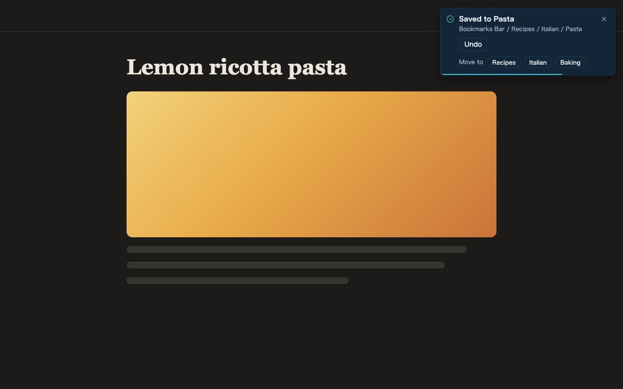 A recipe page with the quick save notification in its top corner: saved to Pasta, with Undo and other folders under Move to