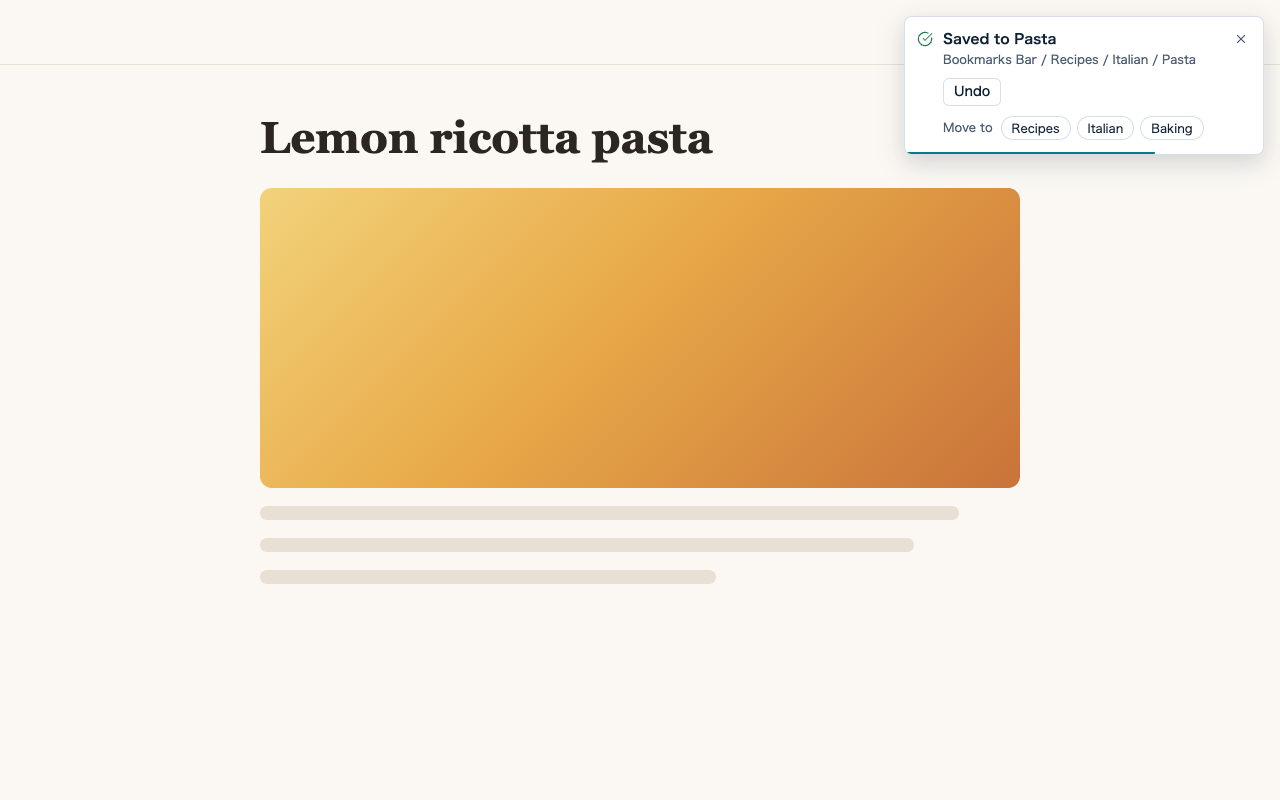 A recipe page with the quick save notification in its top corner: saved to Pasta, with Undo and other folders under Move to