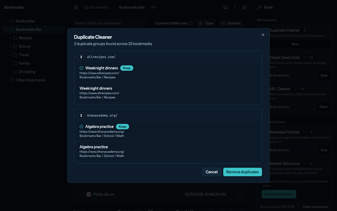 The Duplicate Cleaner review over the manager, with the bookmark to keep in each group marked Keep
