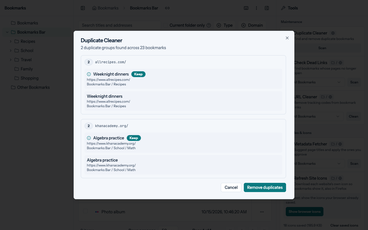 The Duplicate Cleaner review over the manager, with the bookmark to keep in each group marked Keep