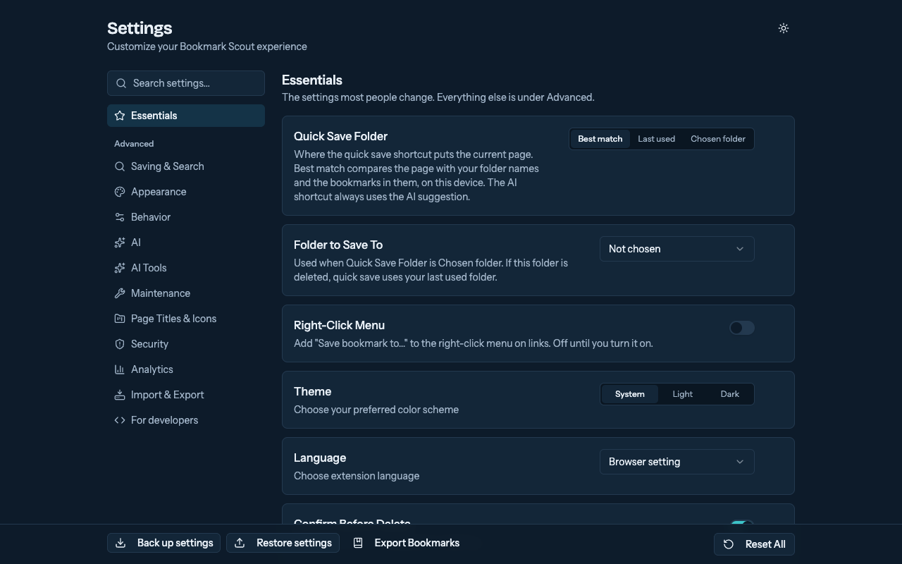 The Essentials tab in Settings: Quick Save Folder, Folder to Save To, Right-Click Menu (off), Theme, and Language