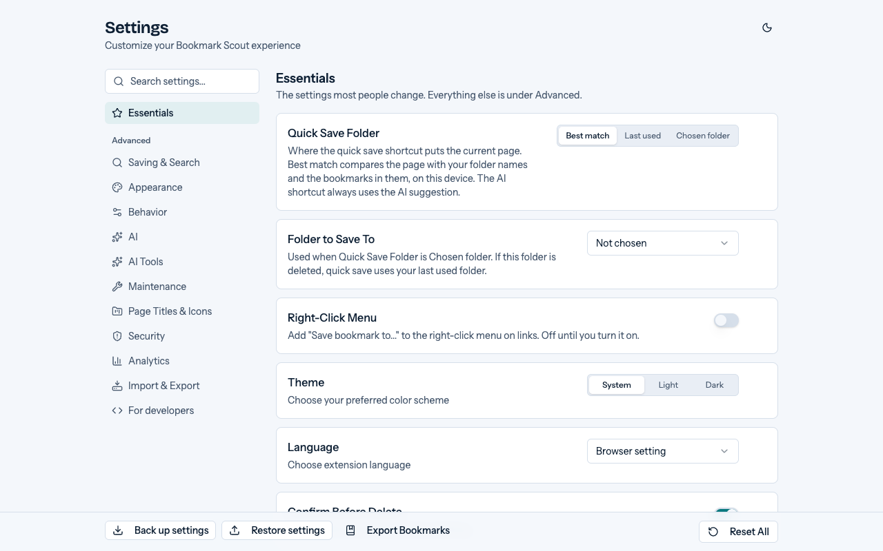The Essentials tab in Settings: Quick Save Folder, Folder to Save To, Right-Click Menu (off), Theme, and Language