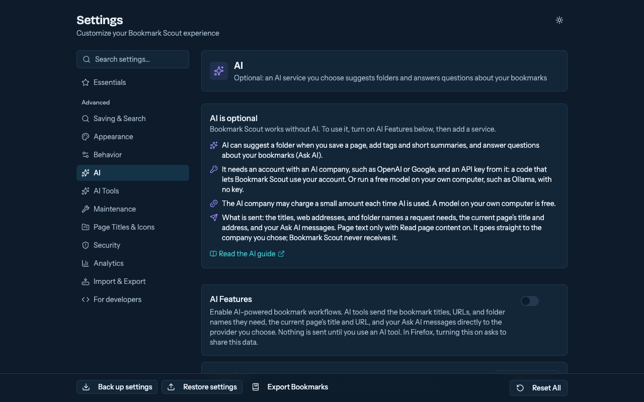 The AI tab in Settings: the AI is optional box says what AI needs and may cost, and AI Features is off, the default